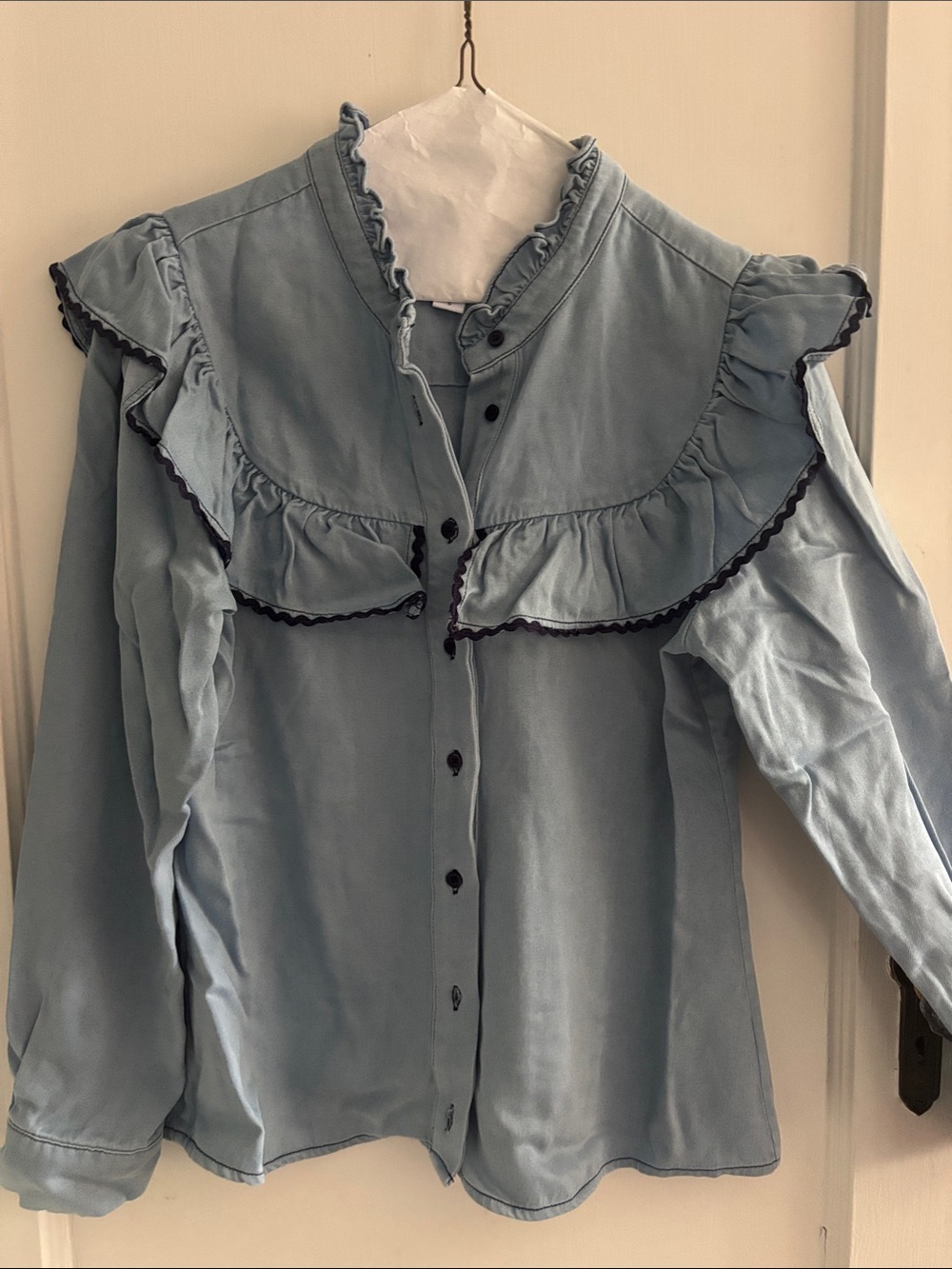 The Shirt by Rochelle Behrens Light Blue Ruffle-Trim Button Front Blouse
